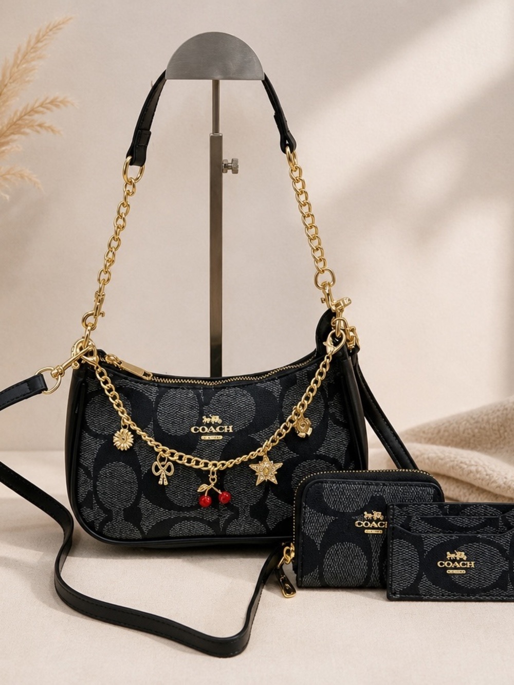 Coach Black Signature Mini Shoulder Bag with Gold Charm Chain and Wallet Set